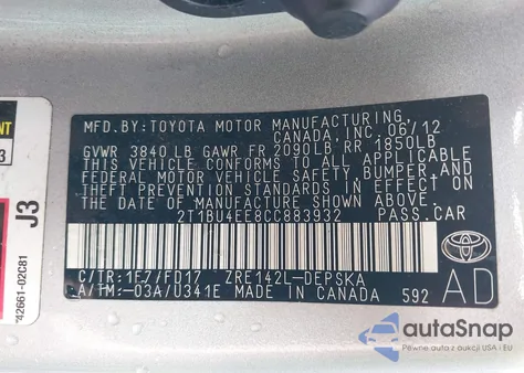 2012 Toyota Corolla S z USA, uszkodzony, nr VIN 2T1BU4EE8CC883932
